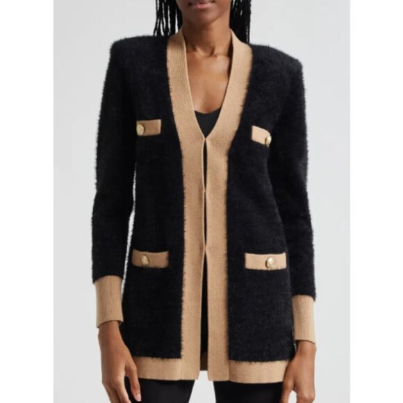 L'AGENCE 'Elin' 4-Pocket Fuzzy Cardigan Sweater, Black/Camel - Picture 1 of 4